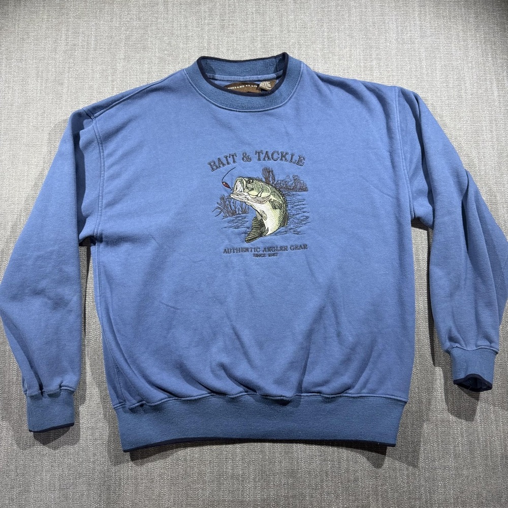 Woodland Trail Sweatshirt Mens Large Blue Bait & Tackle Fish Graphic Fleece